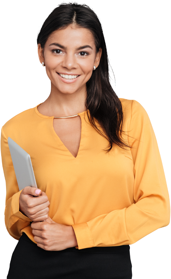 Woman with a yellow shirt holding a tablet